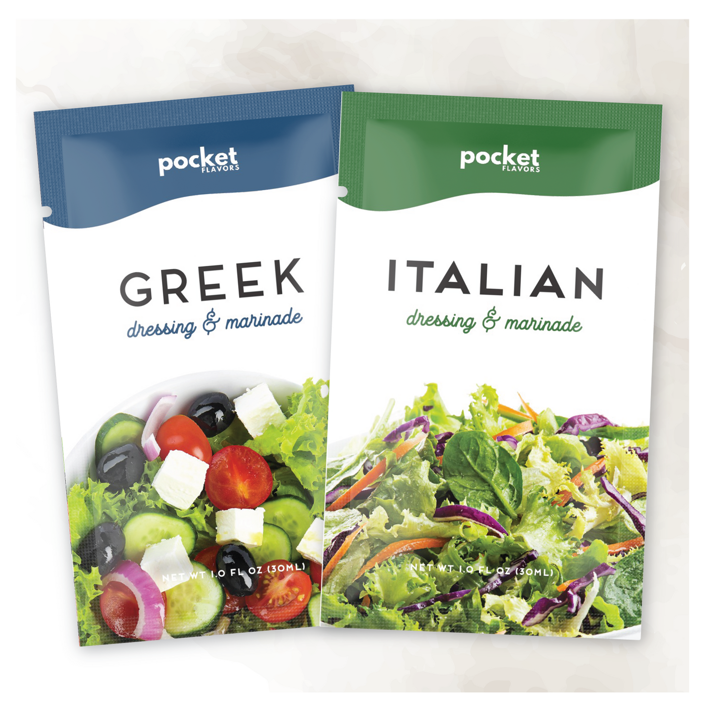 Greek salad dressing and italian salad dressing single serve packets. 