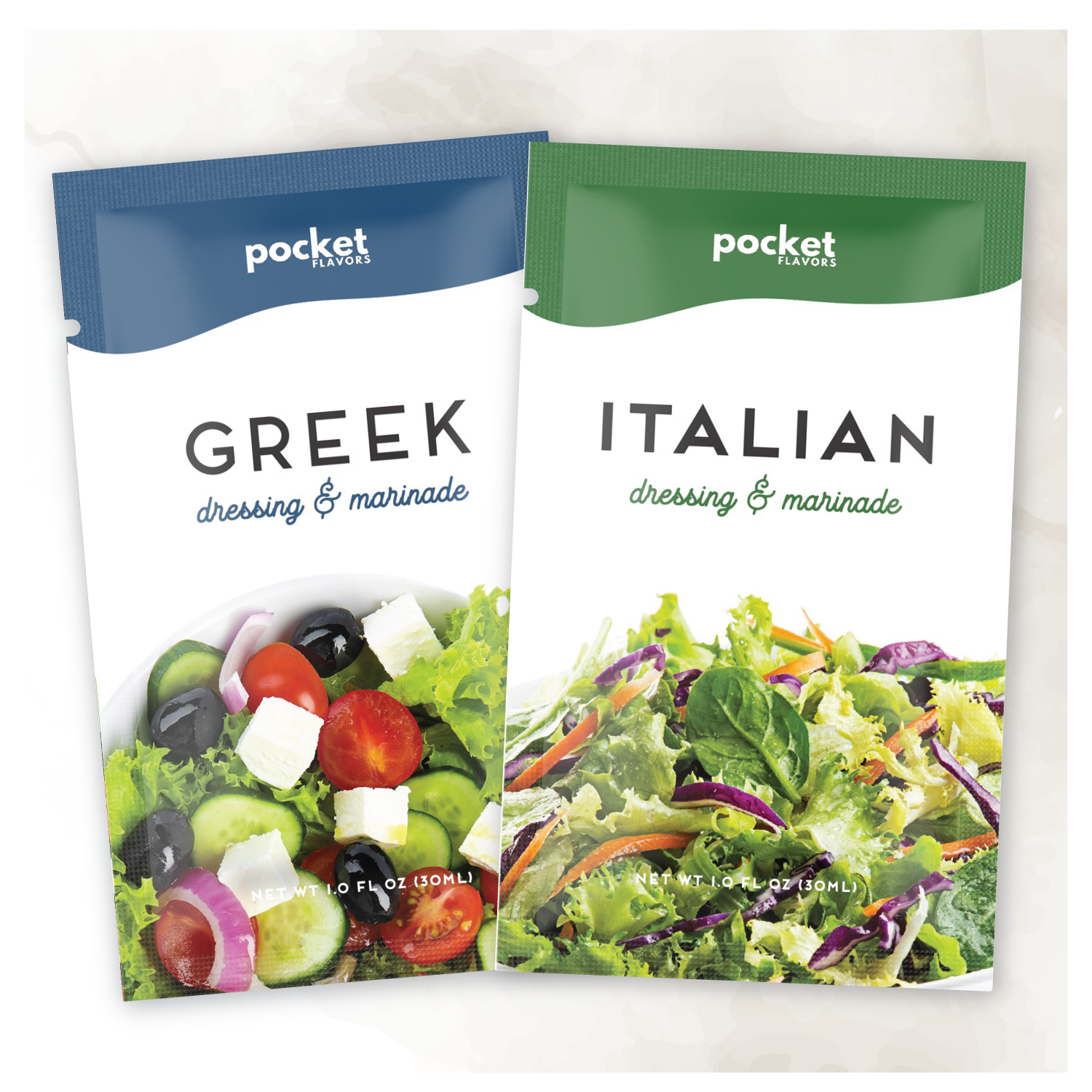 Greek salad dressing and italian salad dressing single serve packets. 