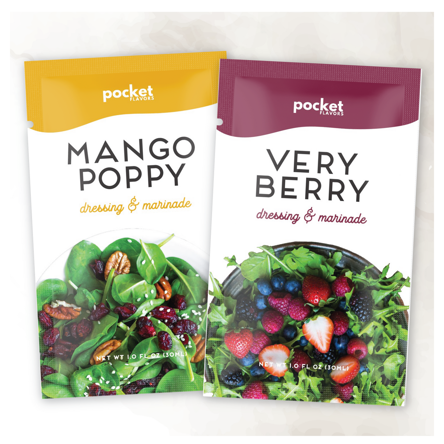 Mango poppy salad dressing and very berry salad dressing single serve packets. 